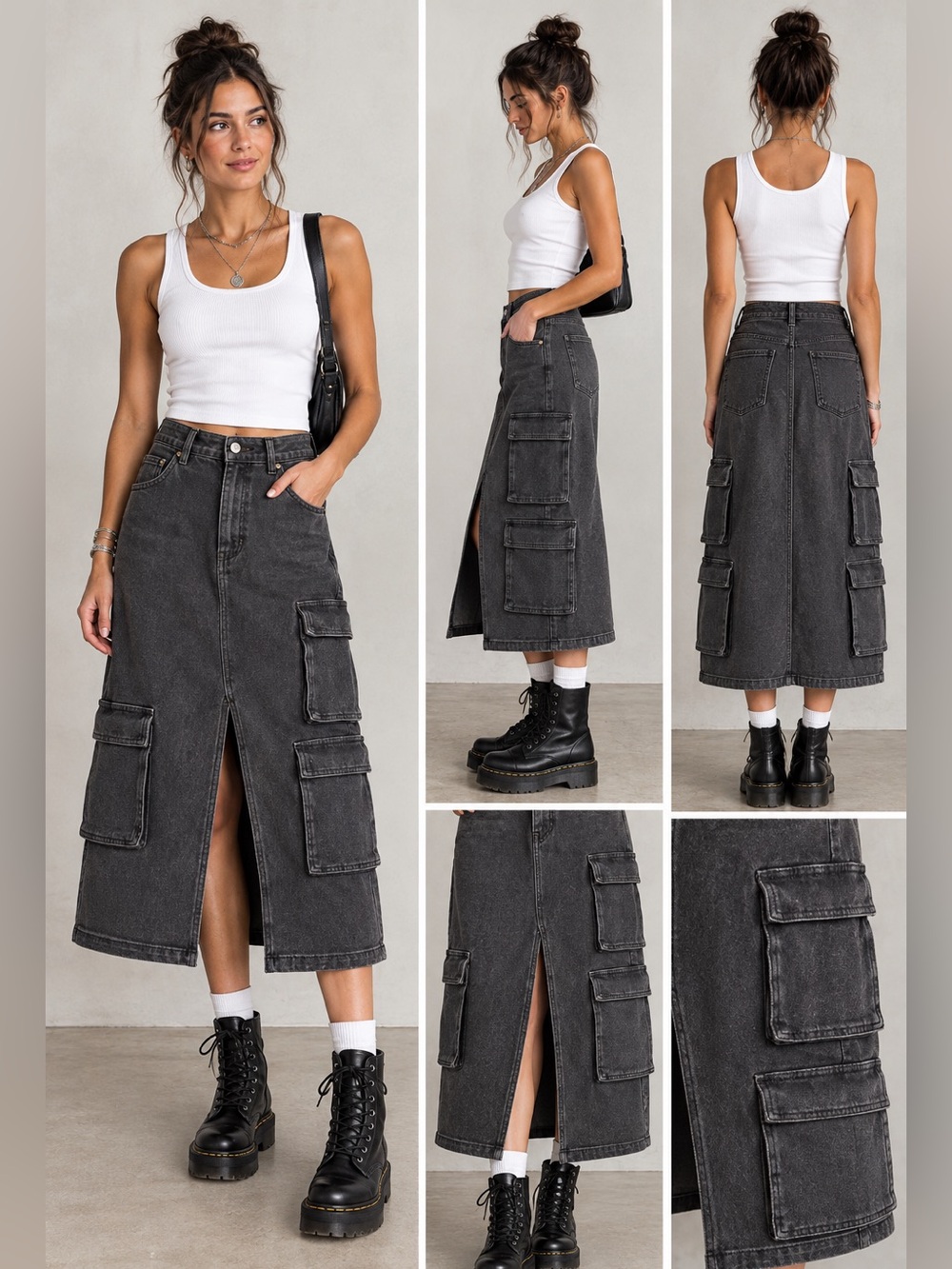 Wild Fable XS Black Washed Denim Cargo Midi Skirt Pockets Slit Punk Grunge